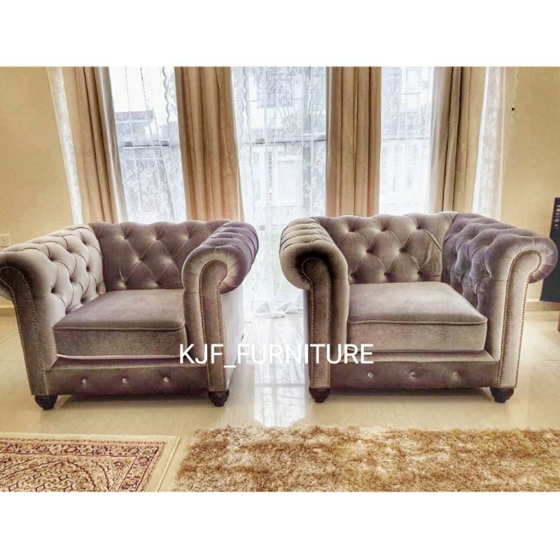 sofa Chesterfield single bahan bludru premium
