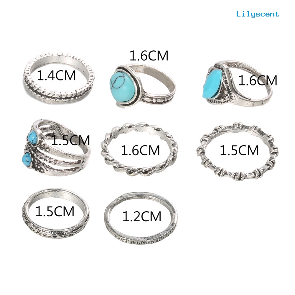 8pcs Cincin Jari Bentuk Lingkaran Aksen Turquoise Imitasi Gaya Retro Bohemian Untuk Wanita