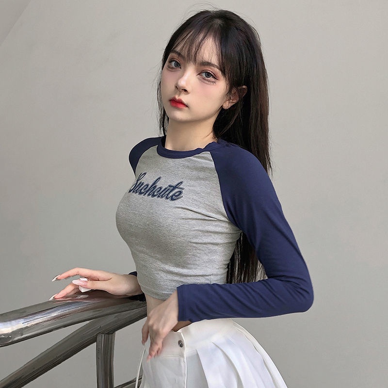 impor Eropa dan Amerika raglan jahitan leher bulat lengan panjang atasan crop top wanita