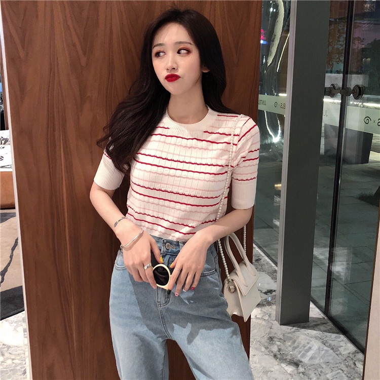 XIAOZHAINV Korean Style Knit Stripe Kaos Atasan Wanita 3203