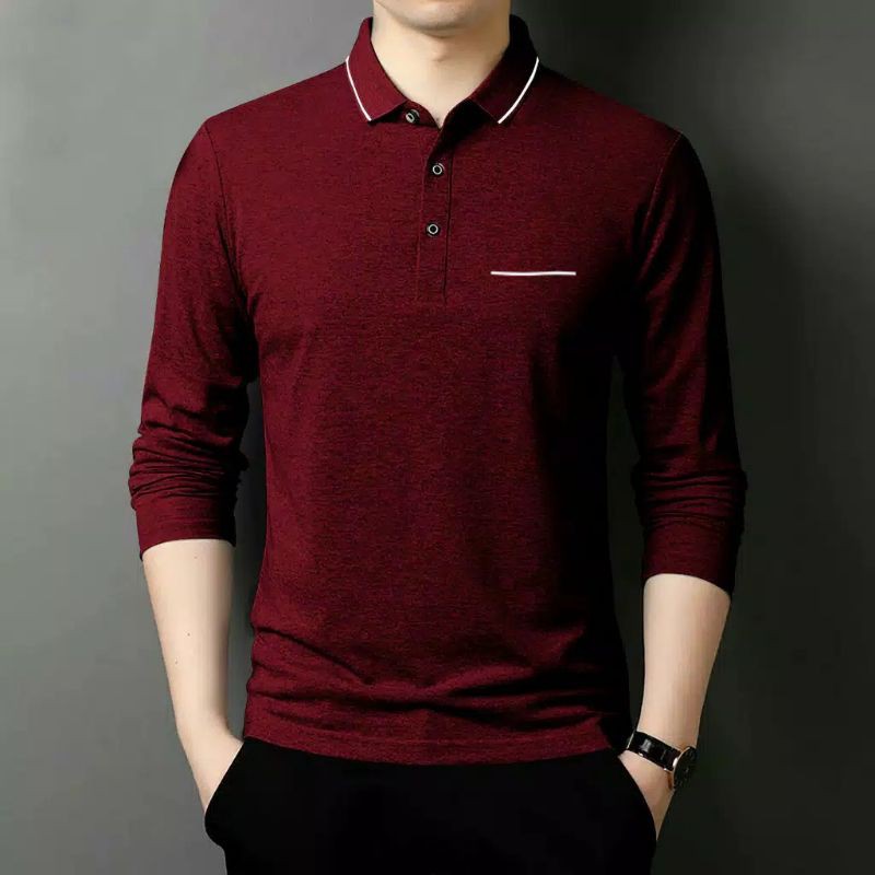 Kaos Saku Polos Lengan panjang pria Berkerah  Cotton Combed 24s