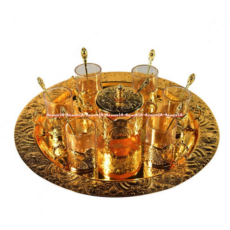 Krishome Serving Tray Gold With Cup Set 8Pcs Nampan Dengan Gelas Emas Kris Home