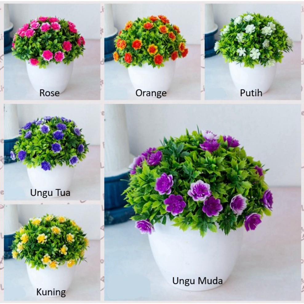 DuaWarna Tanaman Bunga Plastik Pot Bulat Artificial Flower Ornamen Hiasan Pohon Bunga Kamar DE064-7