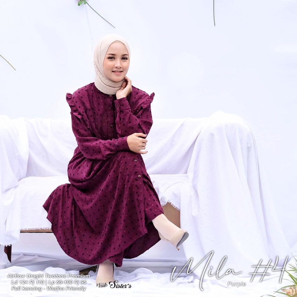 Hijab Sisters Mila One Set Baju Setelan Wanita Long Tunik Bahan Airflow Premium LD 124-Purple