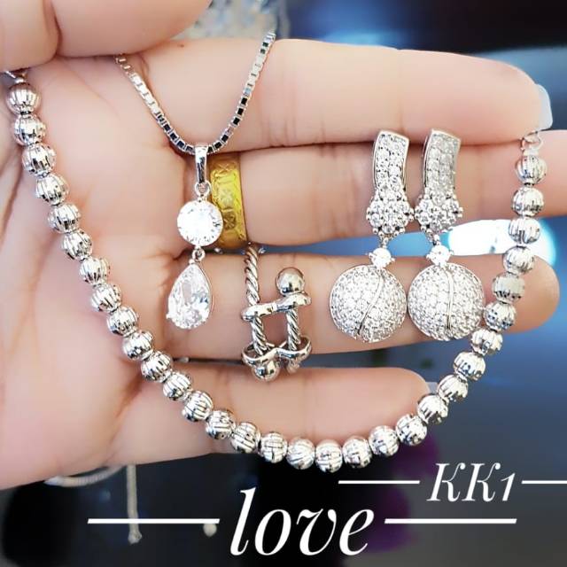 Xuping set perhiasan gelang kalung anting lapis emas putih 1114