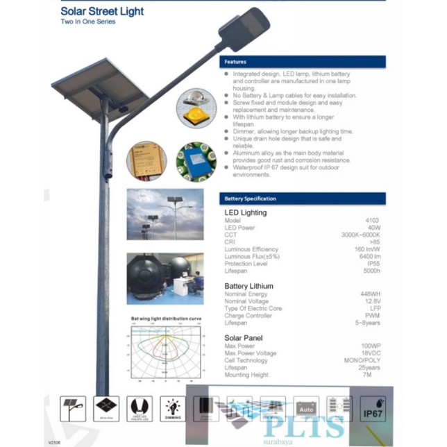 Lampu PJU 2in1 40watt Tenaga Surya Lithium Yunda