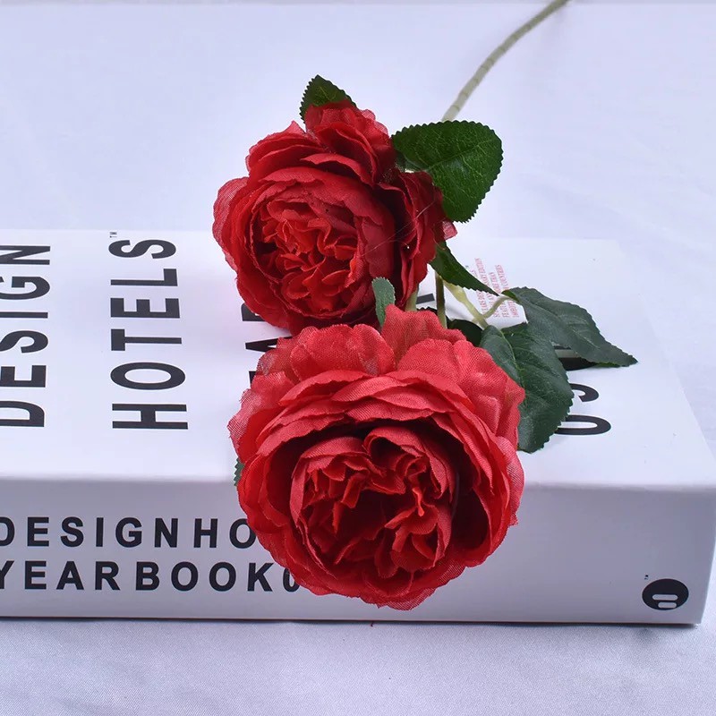 PEONY ARTIFICIAL BUNGA PEONY ARTIFISIAL ECER PER TANGKAI 3 CABANG BUNGA PALSU IMPORT PREMIUM-Red