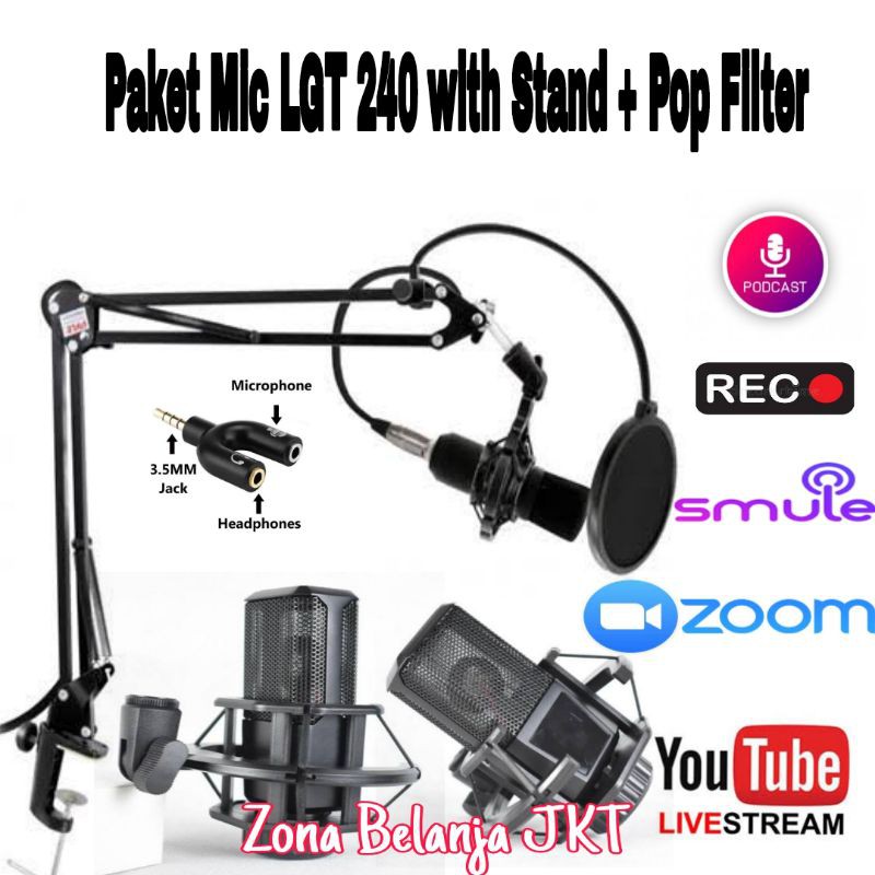 PAKET MICROPHONE MIC CONDENSER RECORDING PODCAST WITH STAND POP FILTER LGT-240