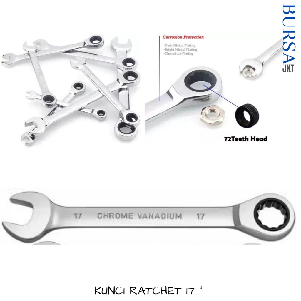 KUNCI RATCHET WRENCH / KUNCI RING PAS BOLAK BALIK 2IN1 17 MM