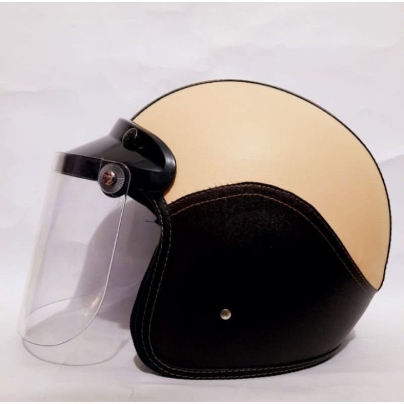 HELM BOGO FULL LEHER / HELM BOGO FLAT BENING SNI COKLAT CREAM / HELM BOGO KACA DATAR / HELM BOGO