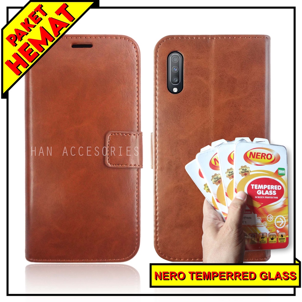 (PAKET HEMAT) Fashion Selular Flip Leather Case Samsung Galaxy A70 Flip Cover Wallet Case Flip Case + Nero Temperred Glass