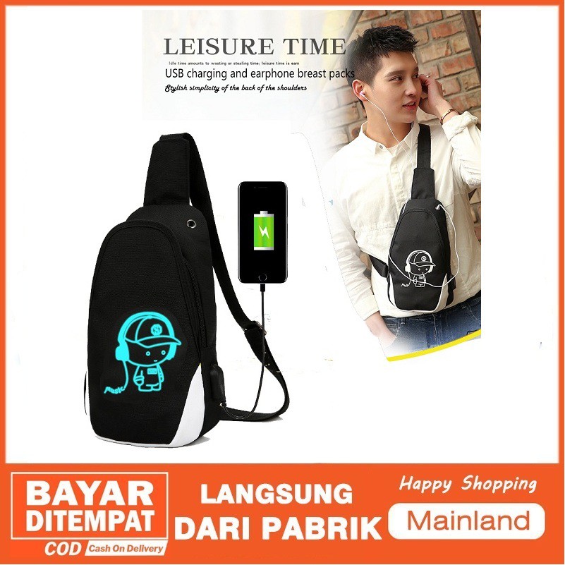 Mainland Luminous Tas Selempang USB Charger Sling Bag Tas Slempang Dada Anti Air Anti Maling TCS04