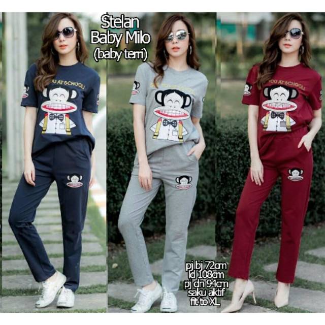 stelan baby milo, setelan wanita, motif monyet, kekinian setelan, modern setelan,setelan modis,murah