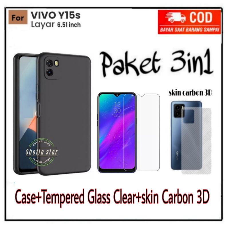 PAKET 3IN1 Case VIVO Y15S V23E Y33s Y01 Soft Case Slim Matte Protect Camera Free TG Bening Dan Skin Carbon 3D