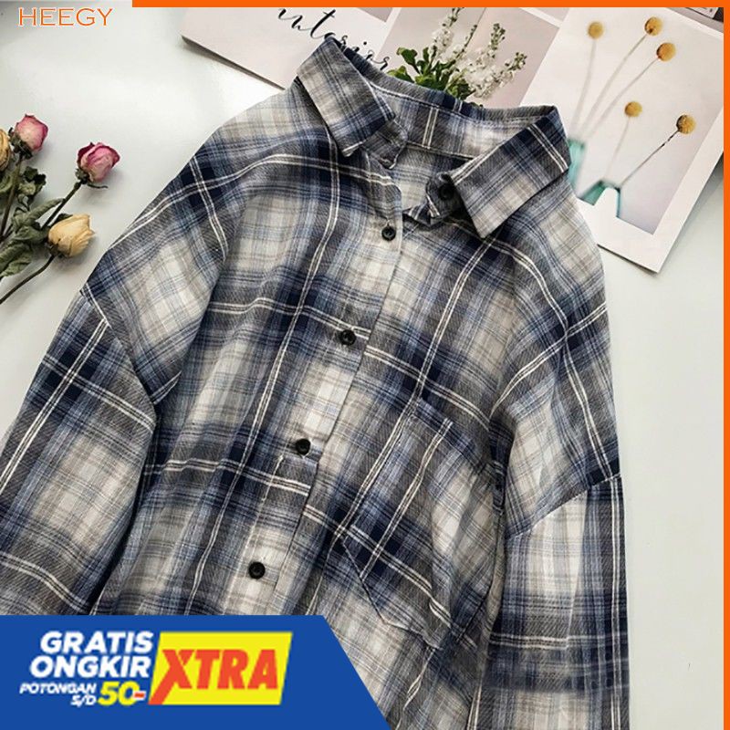 Kemeja Lengan Panjang Casual Longgar Oversize Motif Kotak-kotak Kancing Gaya Wanita Korea