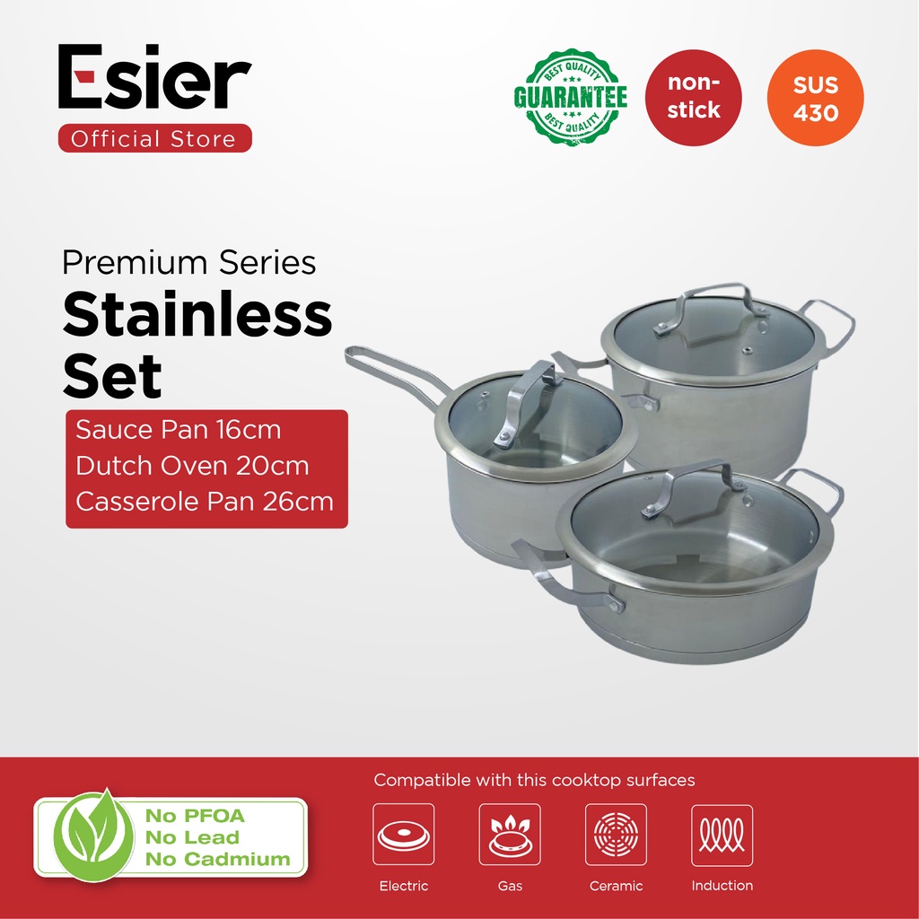 Esier Stainless Premium Set SUS430 - 3 pcs Cookware Set Foodgrade