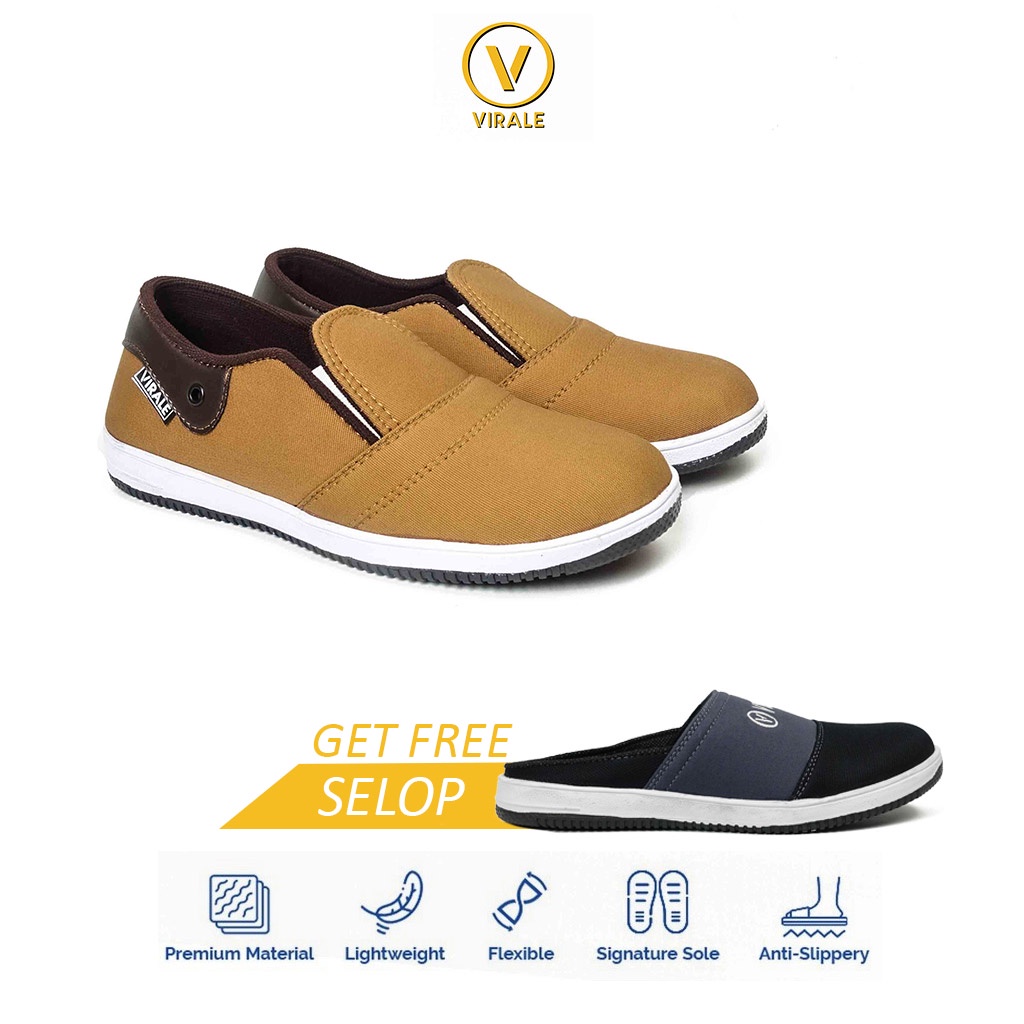 Sepatu Slip On Pria Kasual Fashion Korea Canvas CS 01 TAN GRATIS Sepatu Selop CS 11