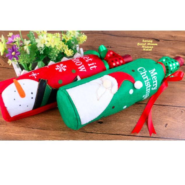 ➫ SET Sarung Botol Minum Nuansa Natal, 1 isi 2 pcs warna berbeda - SARUNG BOTOL, MERAH + HIJAU ➳