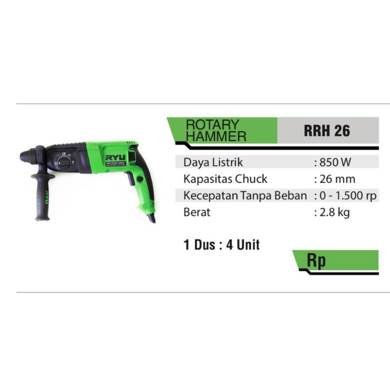 RYU RRH26 RRH 26 BOR BETON BOBOK 26 MM 3 MODE ROTARY HAMMER