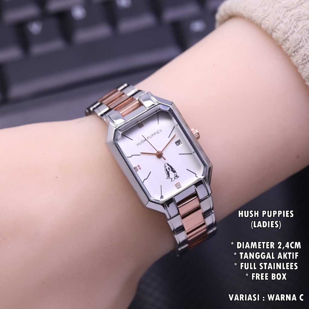 (BISA COD) JAM TANGAN WANITA HUSH PUPPIES RANTAI BODY SEGI TANGGAL AKTIF