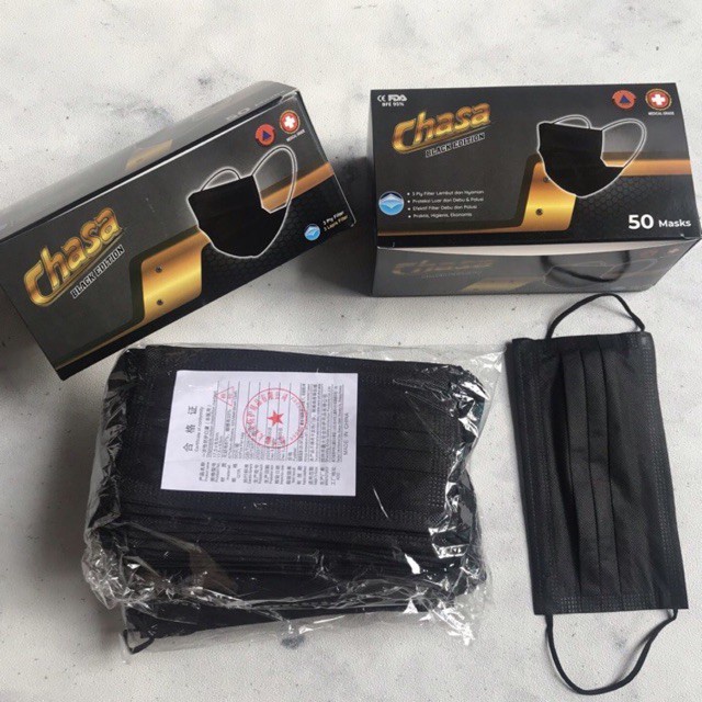 COD MASKER HITAM BLACK EARLOOP 3PLY 1BOX ISI 50PCS P31