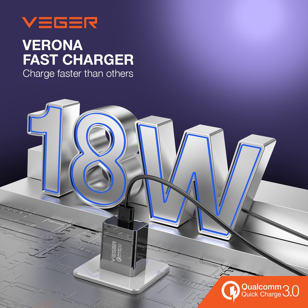 Travel Wall Charger Veger Verona 1 Port USB Output QC 3.0 Quick Charge Fast Charging