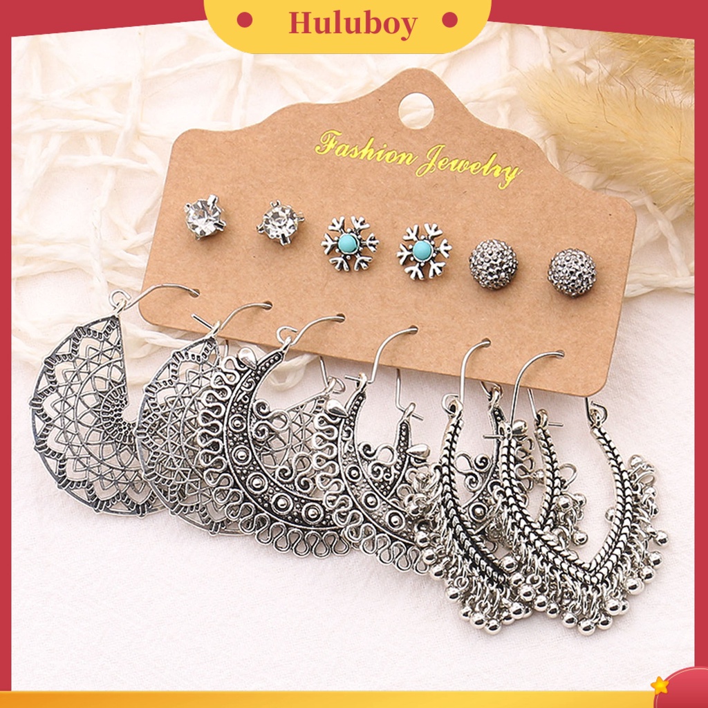 Hu Hu Hu Hu Hu Alat Bantu Pasang Kacamata♡ 6 Pasang Anting Tusuk Gantung Desain Daun Hollow Bahan Alloy Gaya Etnik Untuk Wanita