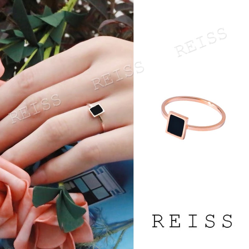 Cincin Titanium Persegi Geometris Klasik Rose Gold Dengan Cincin Jari Indeks Shell Hitam Stainless