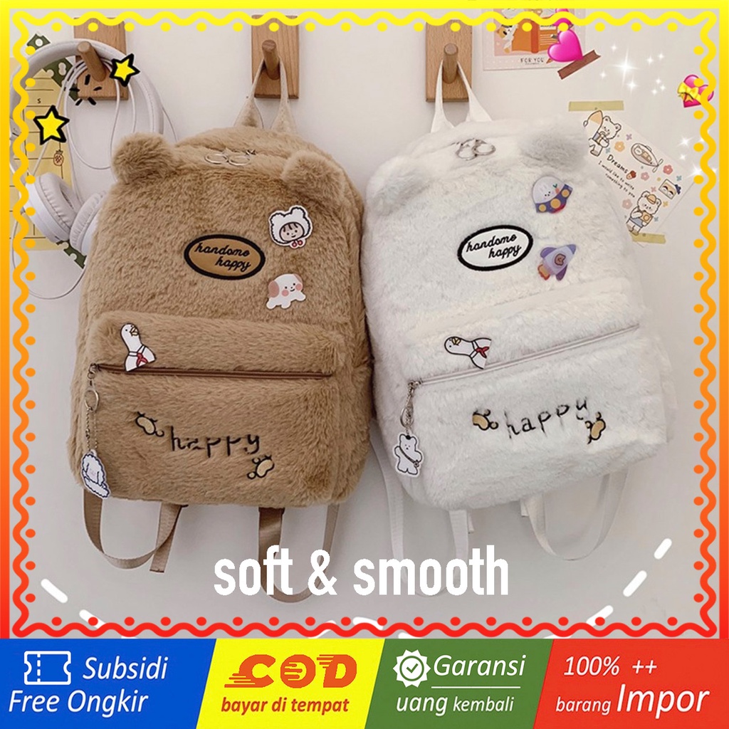 WYK84 Tas Ransel Wanita Bulu Beruang Happy Bear Backpack Feather Impor TKM