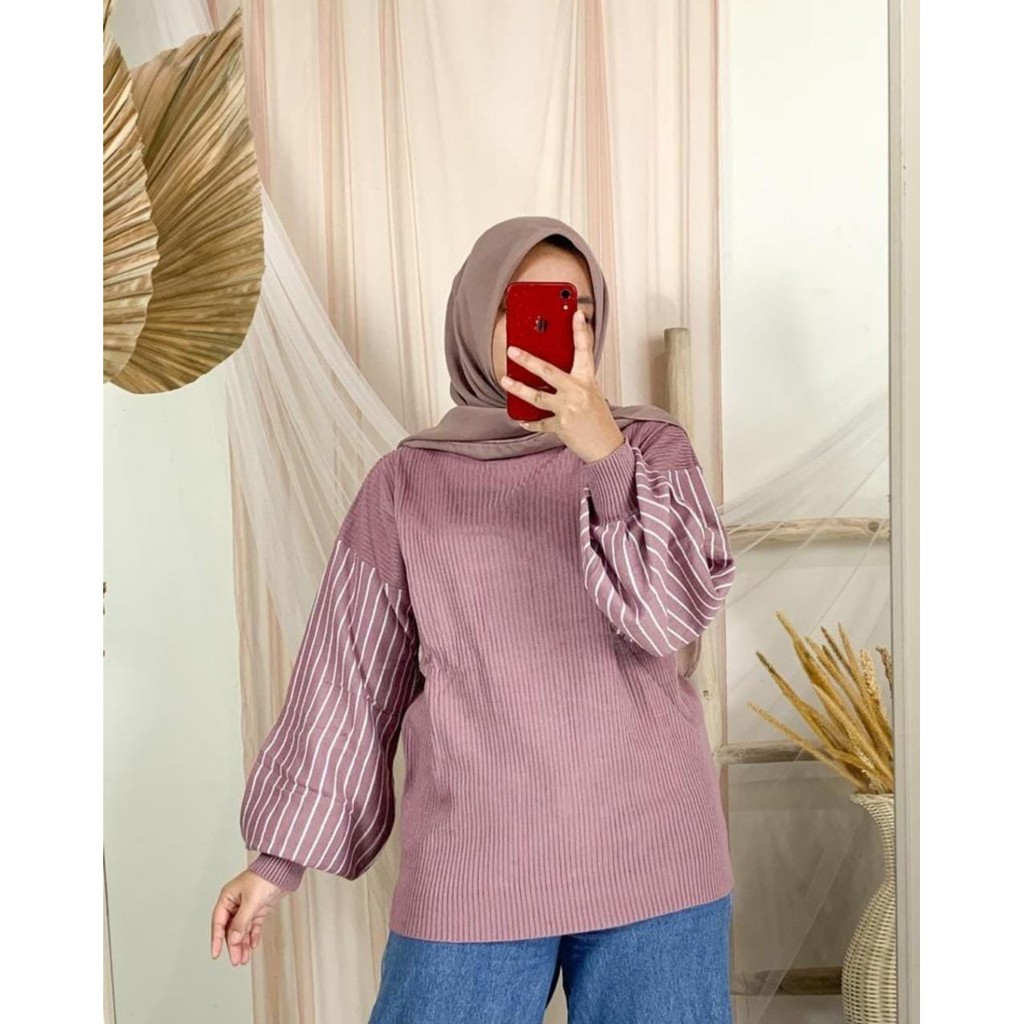 BLOUSE RAJUT CAHAYA LENGAN SALUR / ATASAN RAJUT WANITA IMPORT / BLOUSE LENGAN BALON / BLOUSE RAJUT