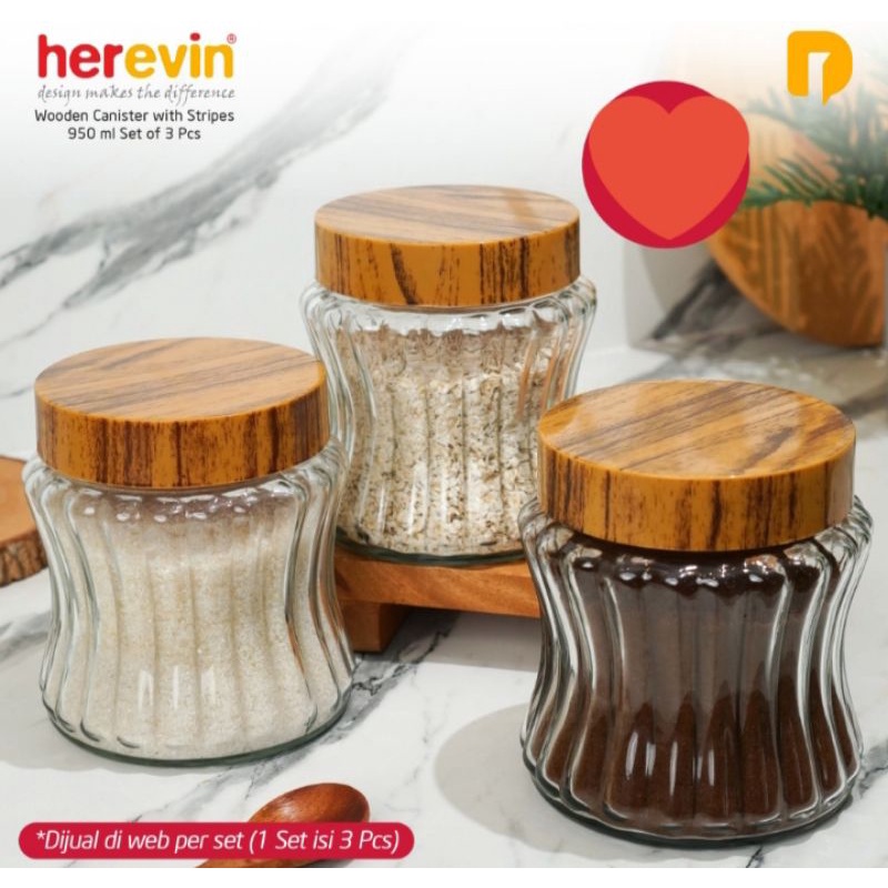 Herevin Toples Kue Wooden Canister With Stripes  950 ml set of 3 pcs