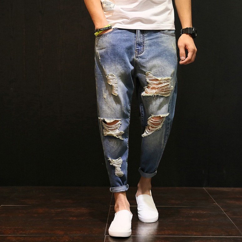 Fashion Pria Celana  Panjang Jeans  Denim  Sobek  Longgar 