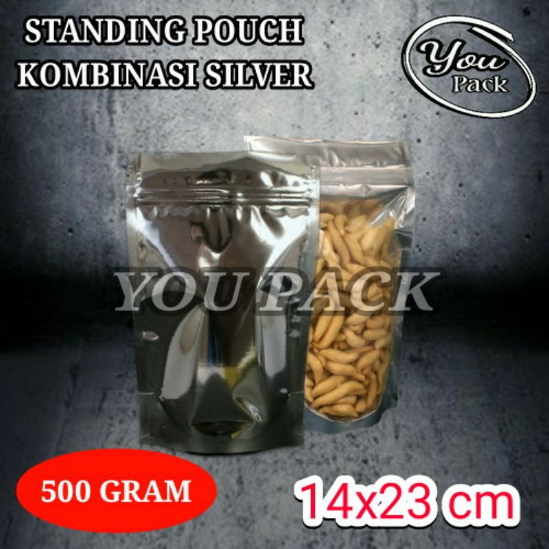 STANDING POUCH FOIL KOMBINASI SILVER 500 GRAM ZIPPER