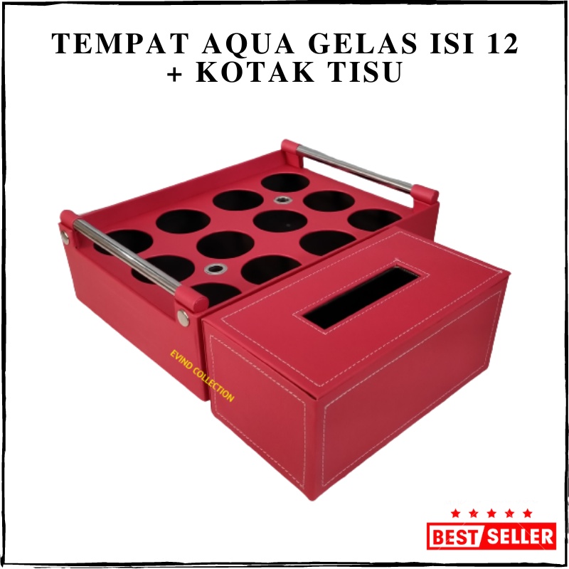 Tempat Aqua Gelas Isi 12 Cup + Kotak Tisu Kulit Sintetis Keranjang Air Mineral Tempat Tissue