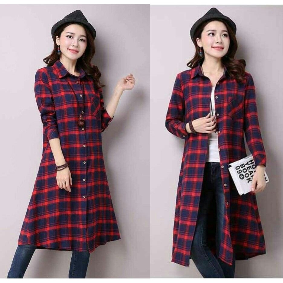 Long Kemeja Kotak Wanita Murah Baju - Longkem Kotak Ori