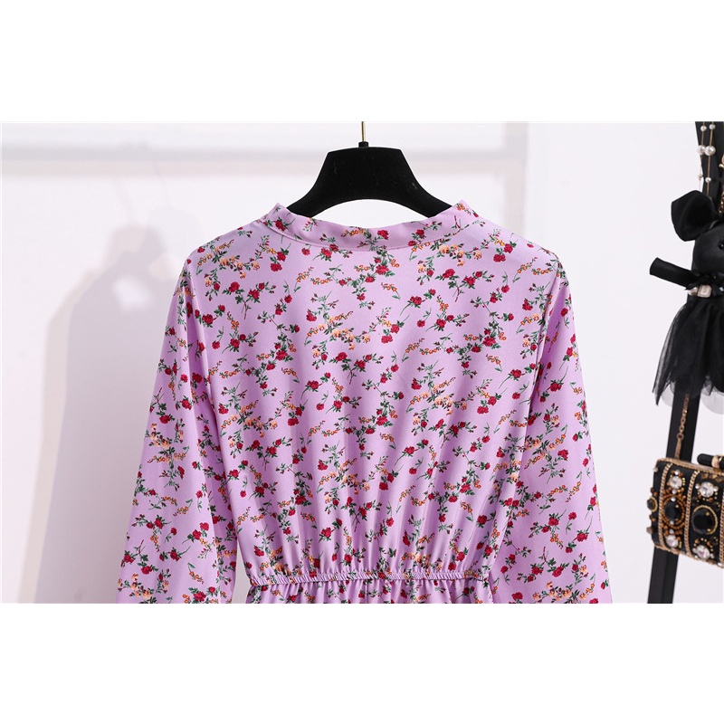 New 2022 COD Fashion Korean Women Dress Ungu Gaun Midi Bunga Untuk Wanita Busana Musim Panas Gaun Lengan Panjang Gaya Korea 2023