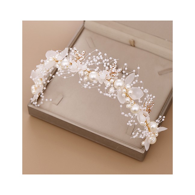 LRC Aksesoris Rambut Fashion White Pearl Flower Braided Leaf Hair Band F92859