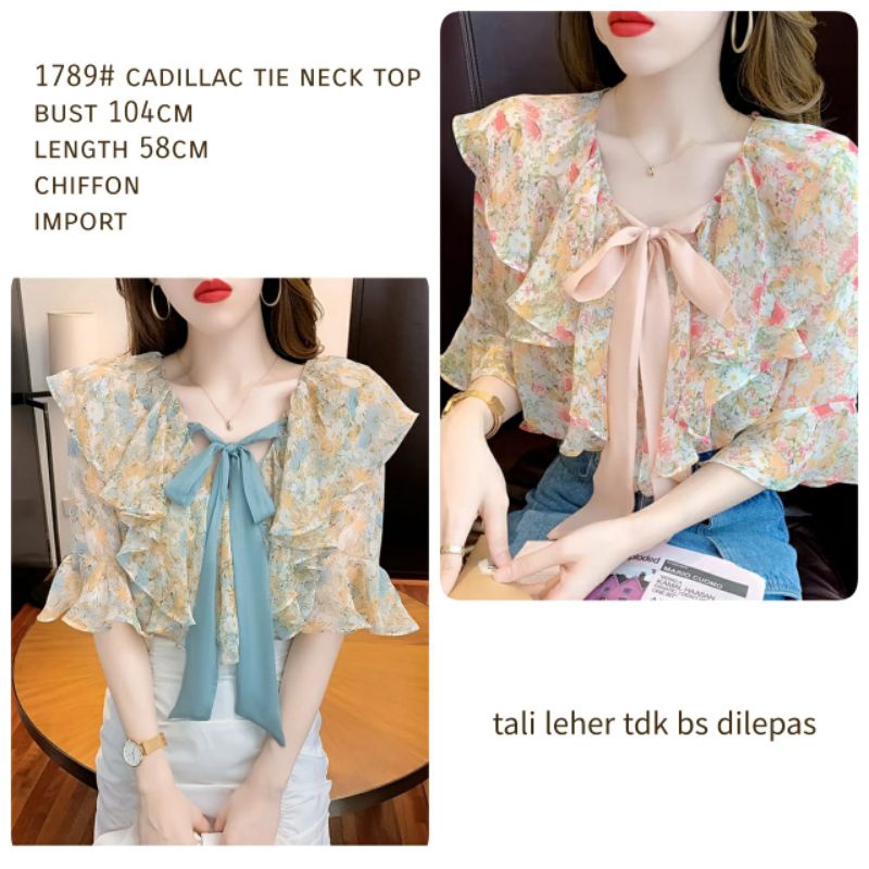 MDLV ~ 1789# Cadillac Tie Neck Top Blouse Flower Premium Fashion Import