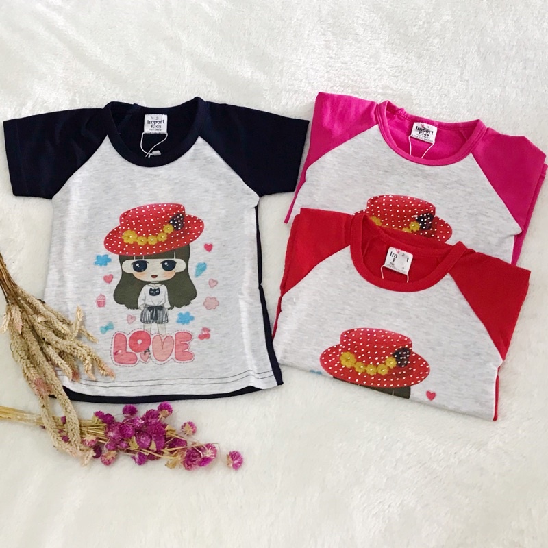 Baju kaos anak bayi cewek LUCU boneka impor lembut atasan baby girl simple pink merah hitam abu