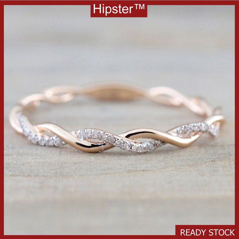 Simple and Versatile Fashion Diamond-Embedded Wave Pattern Fine Rose Golden Ring