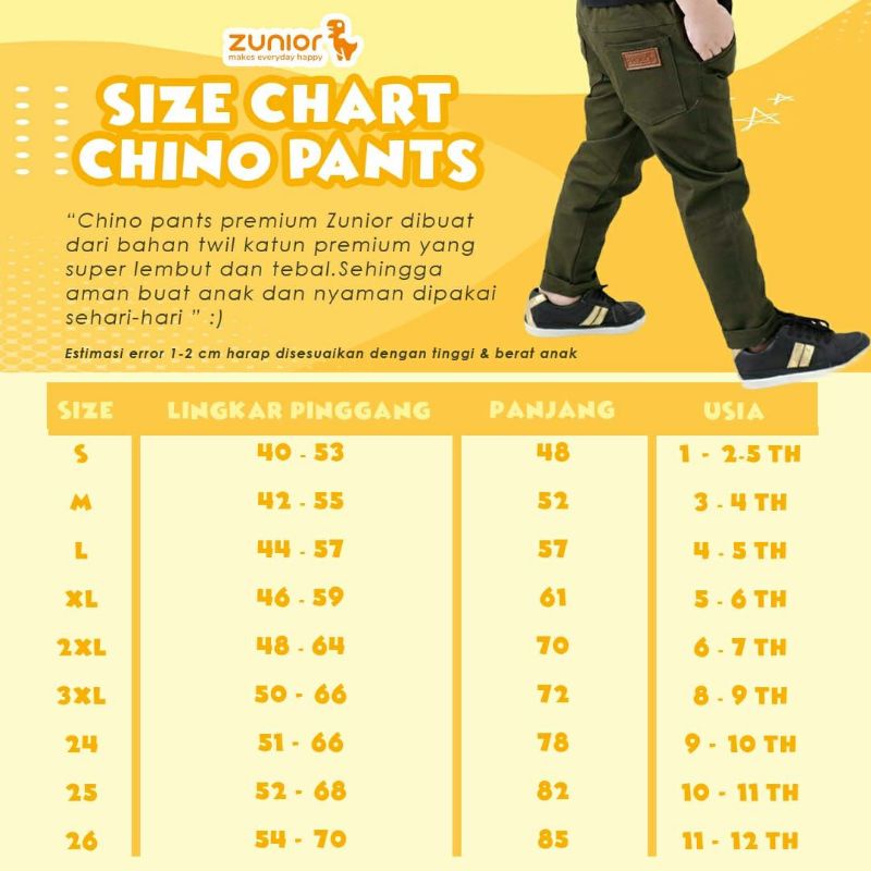 Celana Chino anak Zunior Premium 7 Varian Warna 1-12 Tahun