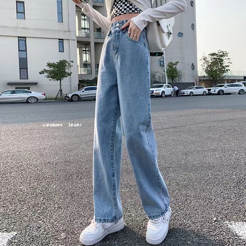 High Waist Loose Straight Korean Style Kulot Bagy Boyfriend Celana Panjang Jeans Wanita