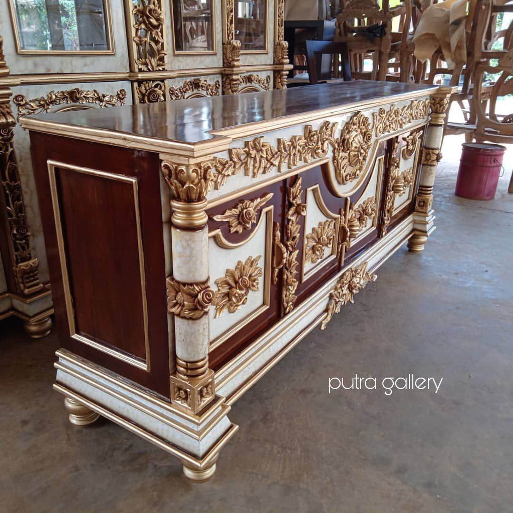 Bufet Meja TV Ukir Rembulan Full Kayu Jati Jepara Finishing Corak Marmer