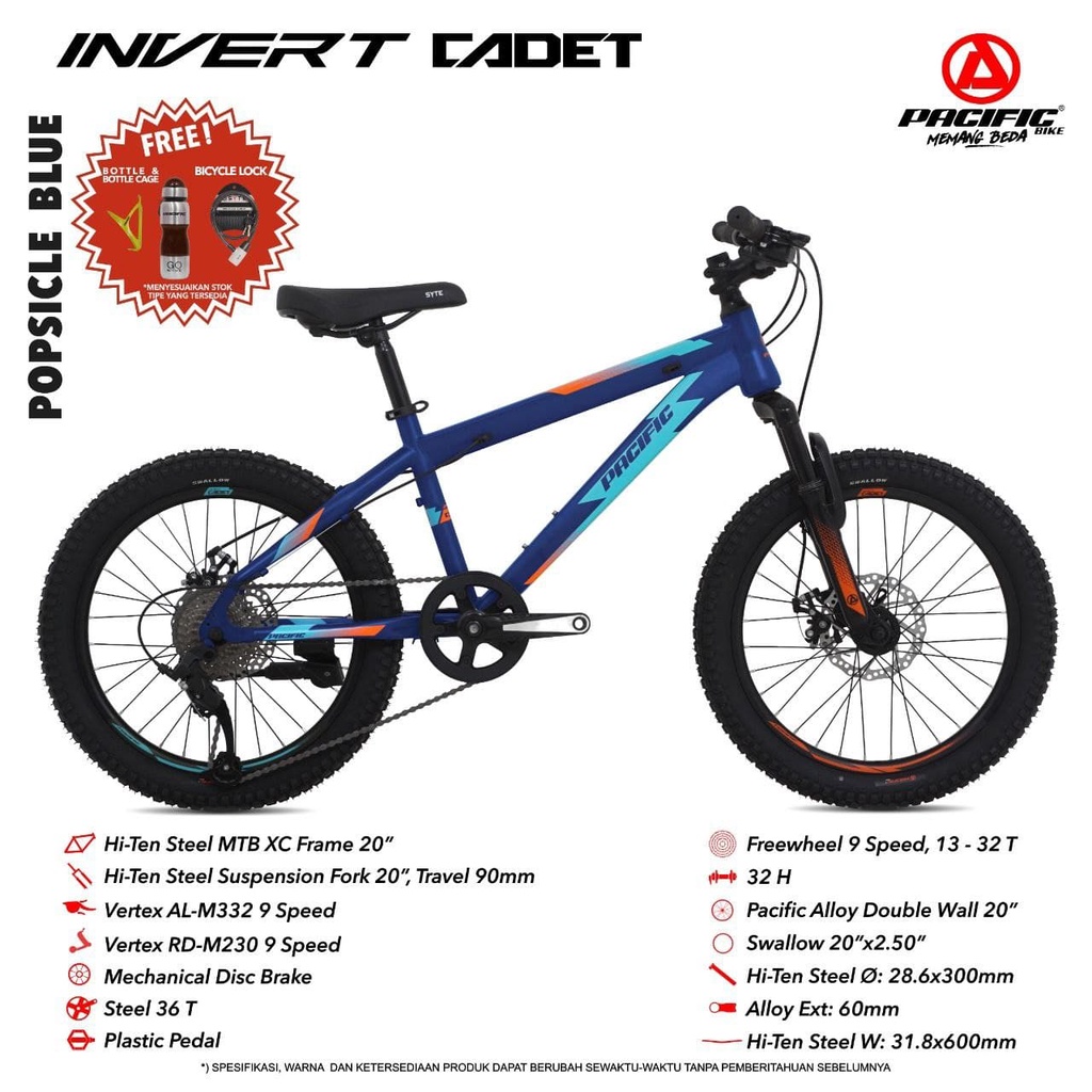 SEPEDA GUNUNG PACIFIC INVERT CADET 20” 9 SPEED FRAME STEEL MECHANICAL DISC BRAKE MTB