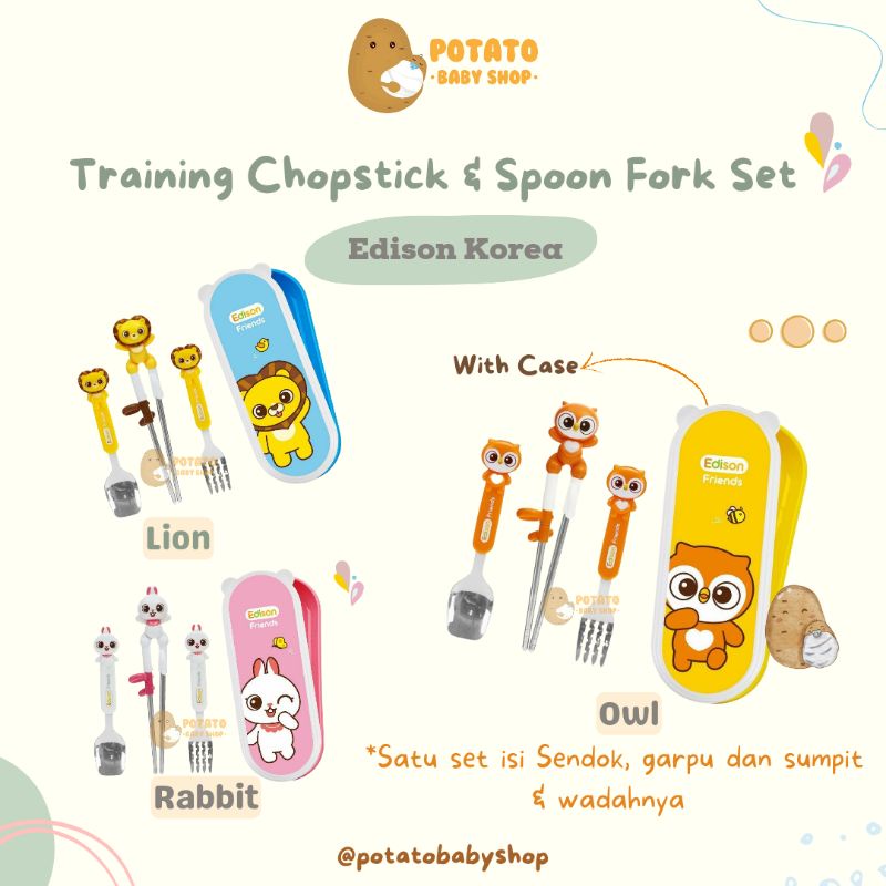 Edison Training Chopstick &amp; Spoon Fork Set With Hardcase/ Sumpit Sendok Garpu Anak Pororo