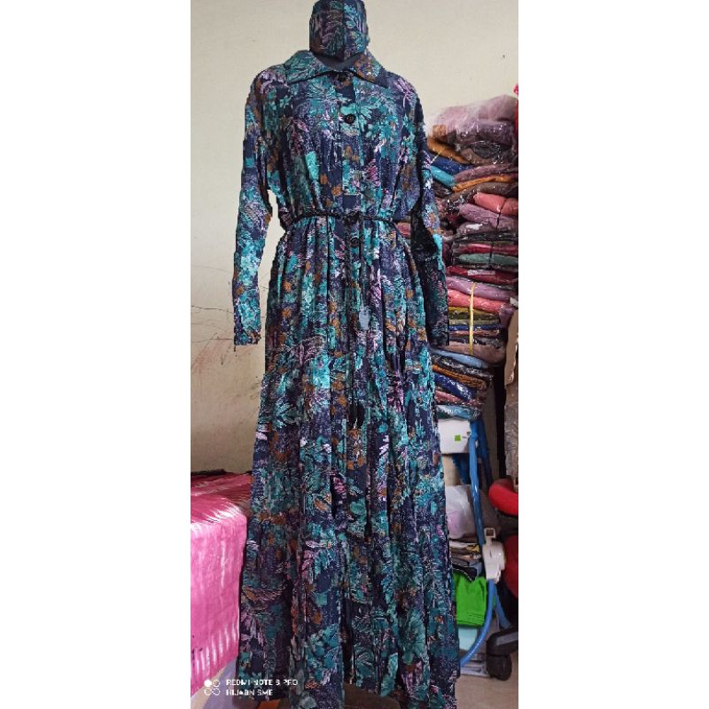 GAMIS DRESS 2in1 OUTER RAYON VISCOSE PREMIUM ADEM HALUS MOTIF DAUN MONSTERA FREE BELT DAN MASKER