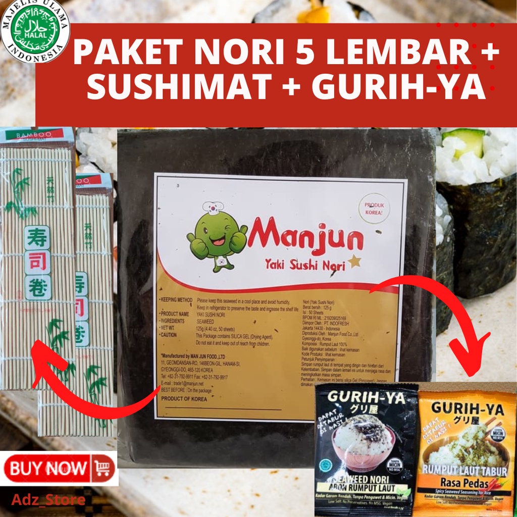 

Promo Combo Hemat [FREE GURIH-YA] | PAKET NORI SUSHI RUMPUT LAUT MANJUN (5 LEMBAR) + SUSHI MAT + GURIH-YA (ALL VARIANT)