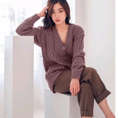 CABLE CARDY kardigan rajut kepang jumbo wanita panjang cardigan kancing oversize tebal terbaru impor-BURGUNDY