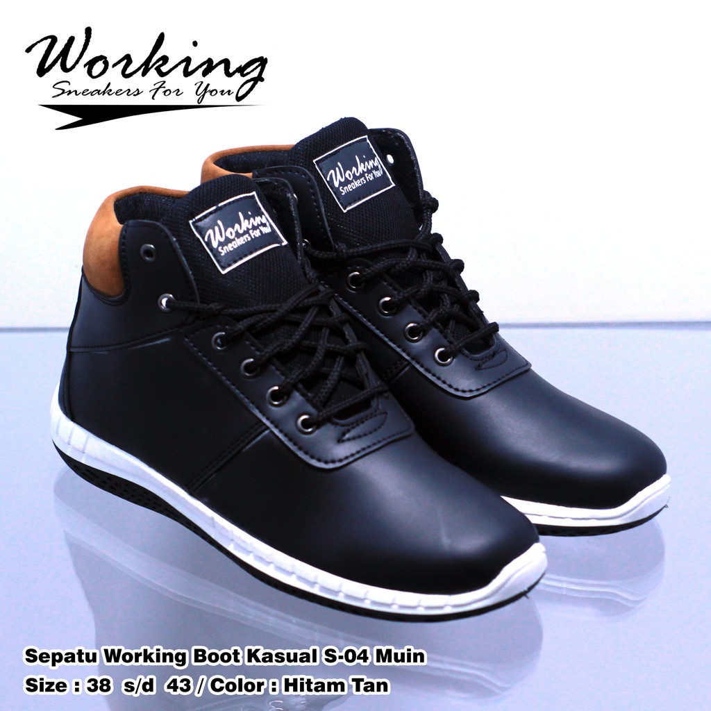 Sepatu Pria Kasual Working Boot S-04 Full Kulit Sintetis Untuk Kerja Kuliah