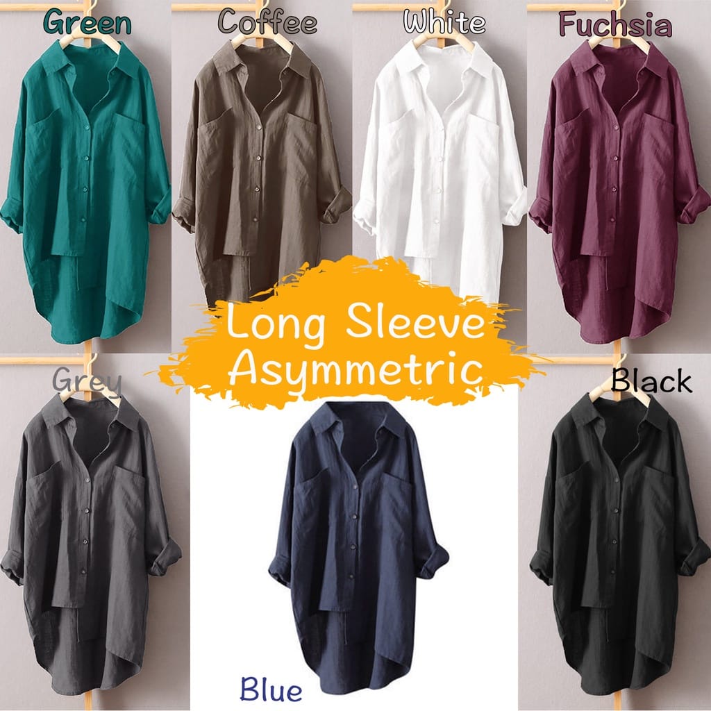 LONG SLEEVE ASYMMETRIC-blouse linen / blouse wanita / blouse kekinian / blouse cantik / simple blouse / blouse polos